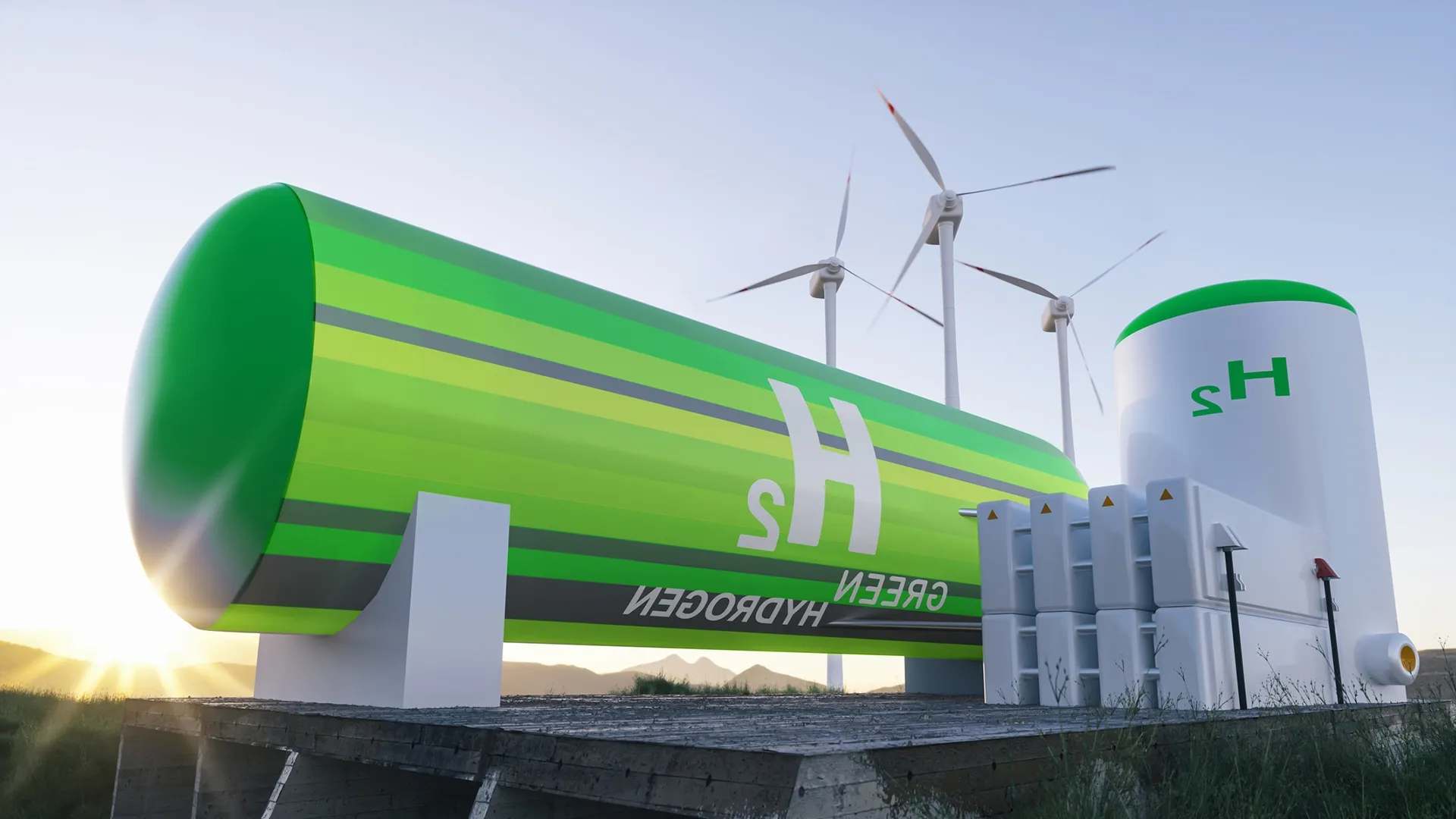 Green hydrogen tanker next to a wind farm